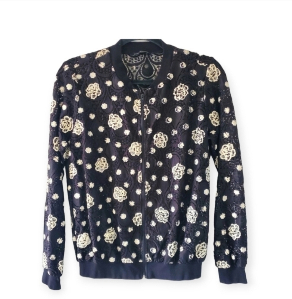 Mercer & Madison Floral Lace Bomber Jacket Black Small